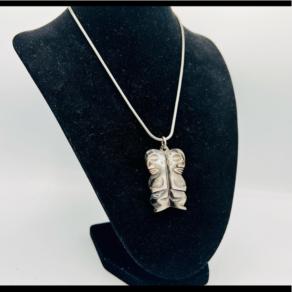 Vintage hand carved mother of pearl tiki pendant necklace tribal OOAK